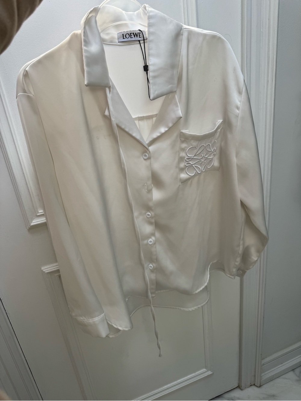Loewe Ivory Satin Button-Down Shirt with Embroidered Pocket